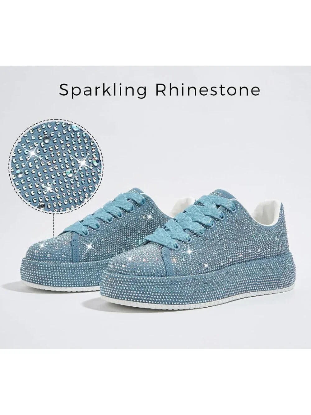 🆕Women's Blue Sparkly Glitter Bling Tennis Rhinestone Platform Sneakers